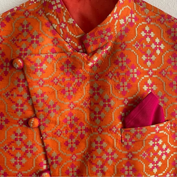 Men’s Orange Waistcoat Nehru Jacket (with pink pocket square) - Picture 5 of 7